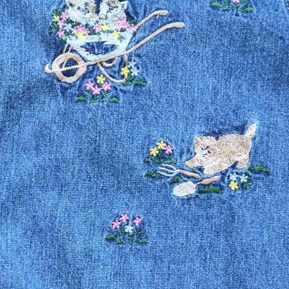 Vtg Kitty Cat Floral Garden Denim Button Down Shirt - Short Sleeve - Solutions M - Picture 7 of 13